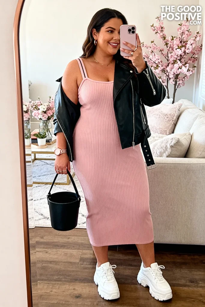 Plus Size Blush Pink Ribbed Tank Dress Outfit