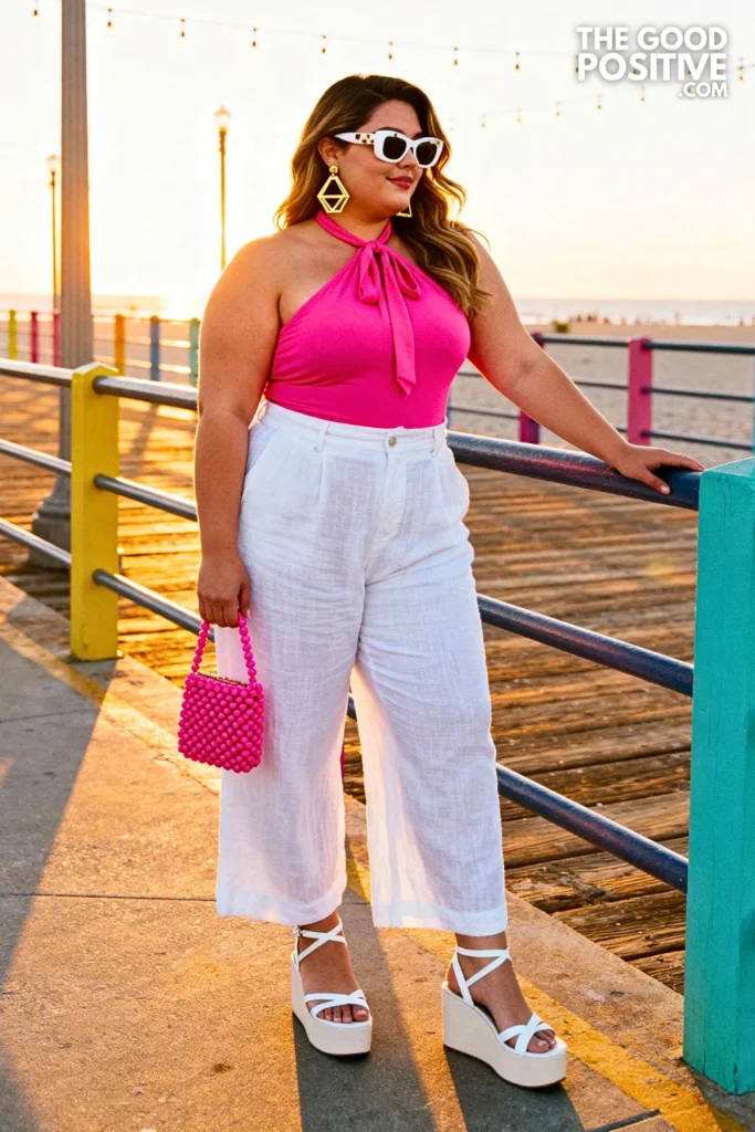 Plus Size Bright Pink Halter Top and White Pants Outfit