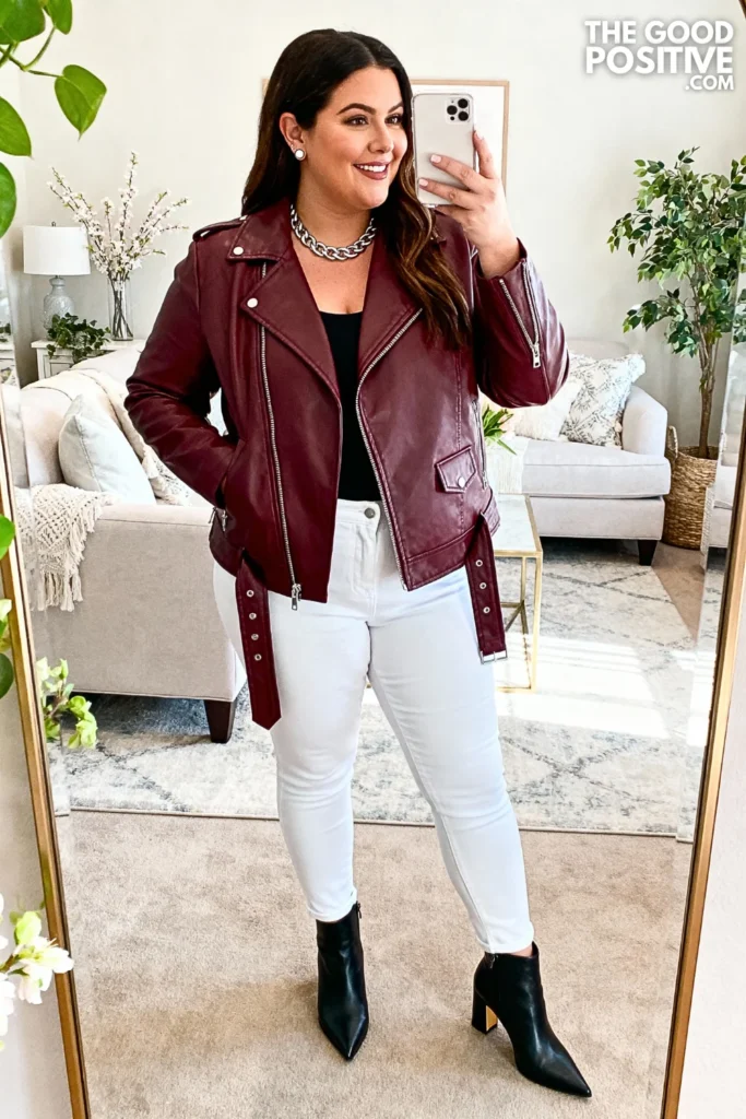 Plus Size Burgundy Leather Jacket and White Jeans Outfit