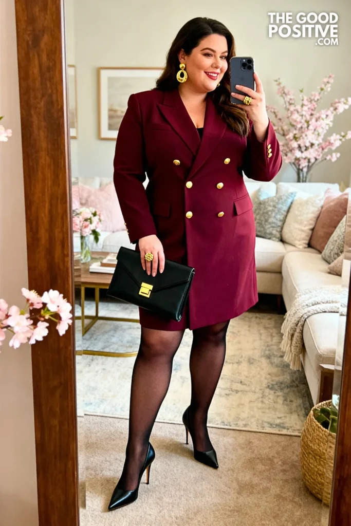 Plus Size Burgundy Structured Blazer Dress Outfit