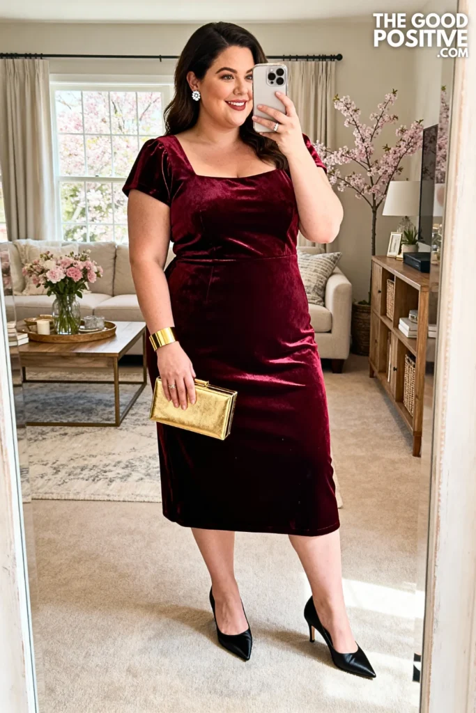 Plus Size Burgundy Velvet Cap Sleeve Dress Outfit
