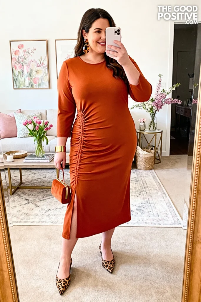 Plus Size Burnt Orange Ruched Side Midi Dress Outfit