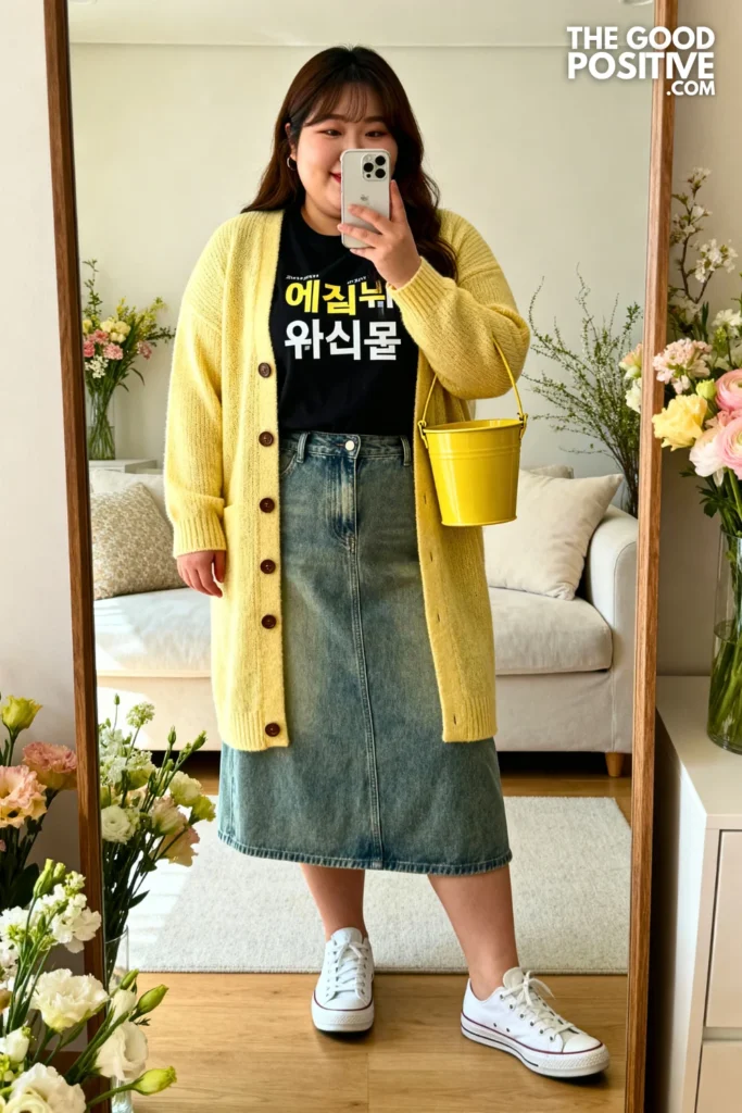 Plus Size Butter Yellow Knit Cardigan Over Black Graphic Tee With Denim Skirt Outfit