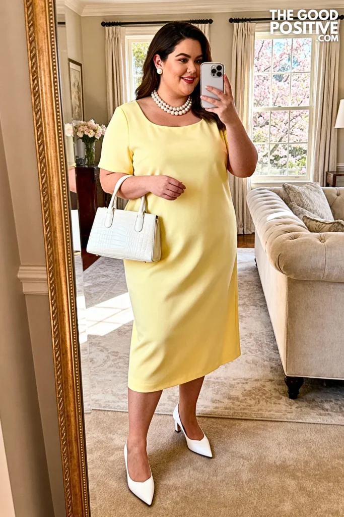 Plus Size Butter Yellow Midi Dress with Pearl Accessories Outfit