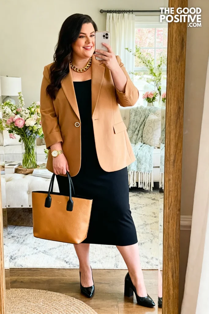 Plus Size Camel Tailored Blazer With Black Sheath Dress Outfit