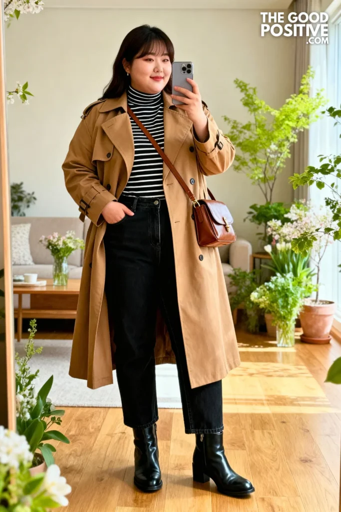Plus Size Camel Trench Coat Over Striped Turtleneck And Black Straight-Leg Jeans Outfit