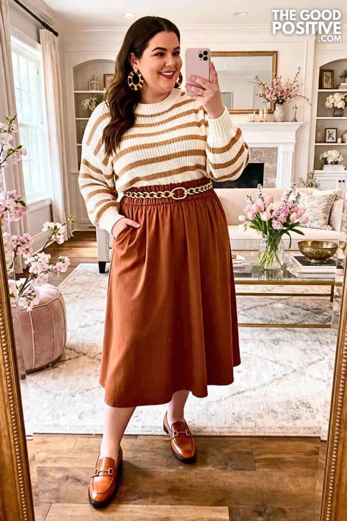 Plus Size Caramel Midi Skirt and Striped Sweater Outfit