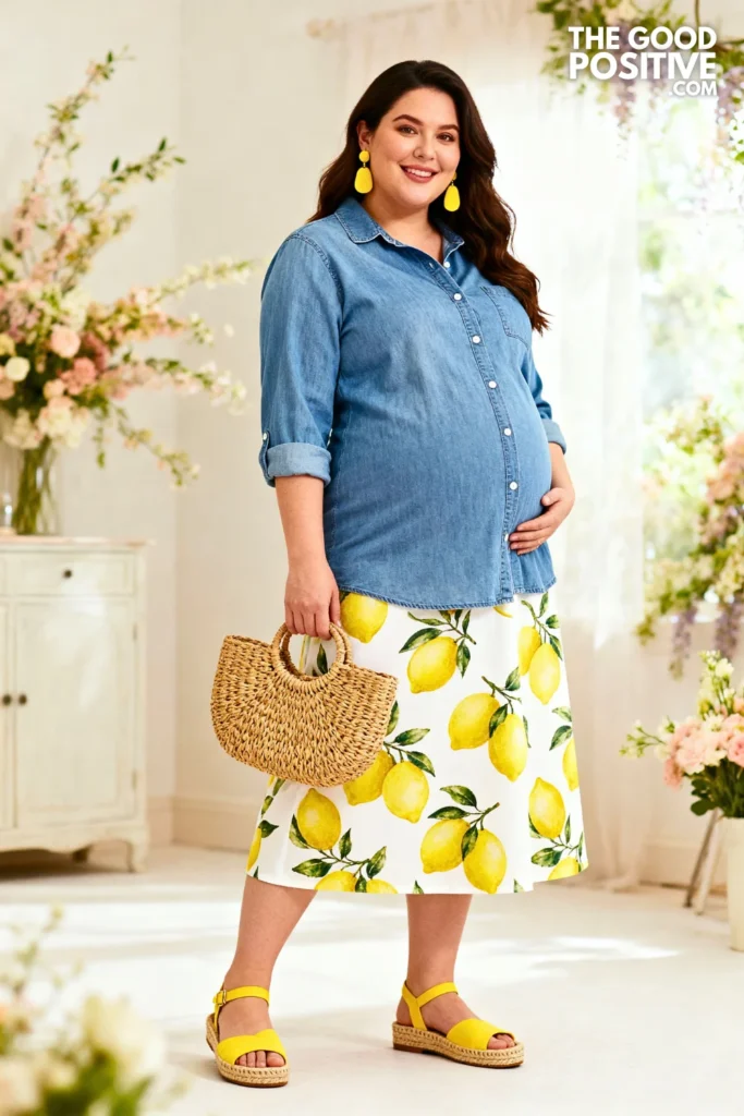 Plus Size Chambray Maternity Shirt with Printed Maternity Skirt Outfit