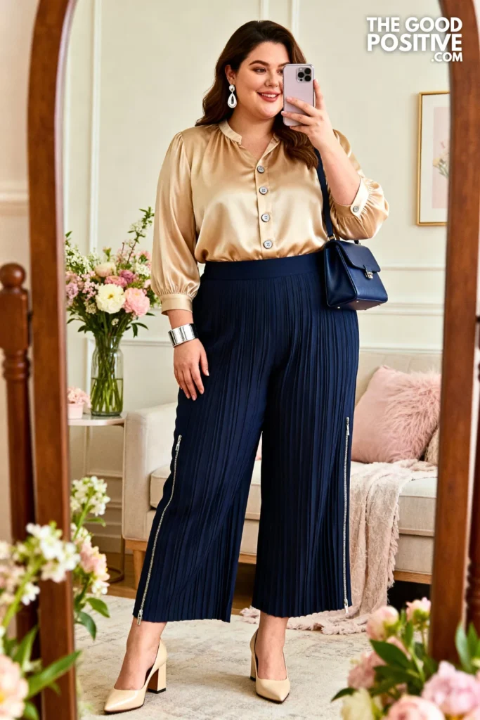 Plus Size Champagne Chiffon Blouse With Navy Pleated Trousers Outfit