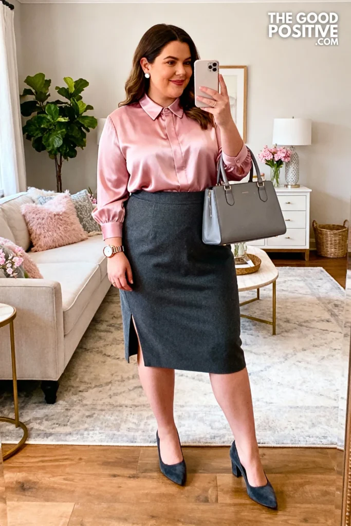 Plus Size Charcoal Pencil Skirt With Blush Silk Blouse Outfit