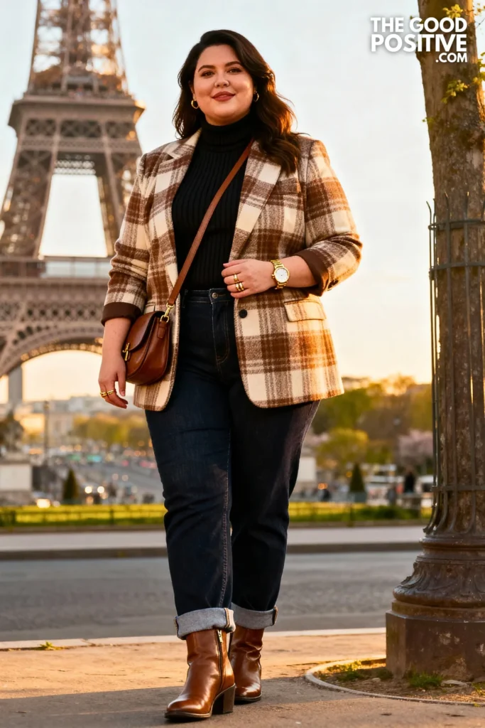 Plus Size Checked Blazer With Turtleneck and Jeans Outfit
