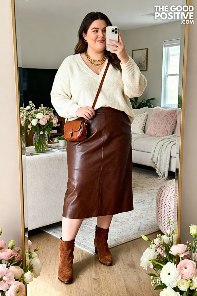 Plus Size Chocolate Brown Leather Skirt With Cream Cashmere Sweater Outfit