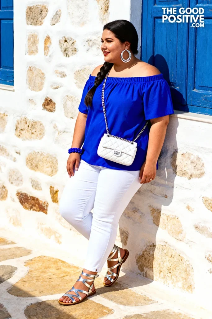 Plus Size Cobalt Blue Off-Shoulder Top and White Jeans Outfit