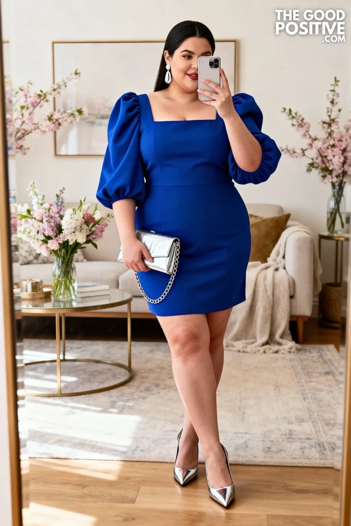 Plus Size Cobalt Blue Puff Sleeve Mini Dress Outfit