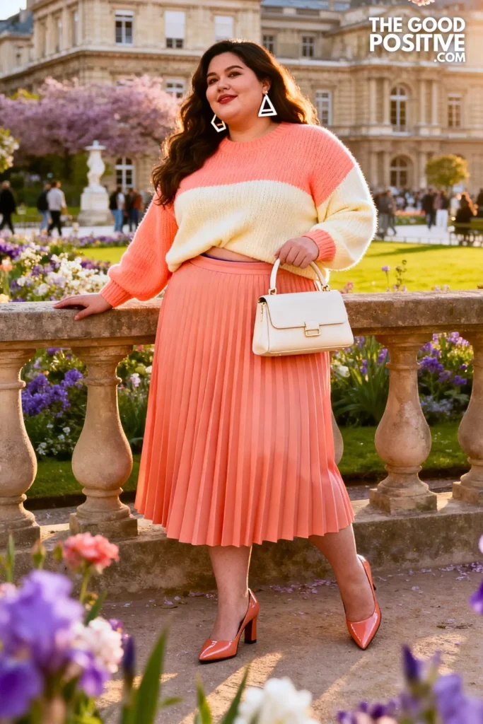 Plus Size Colorblock Knit Sweater With Pleated Midi Skirt Outfit