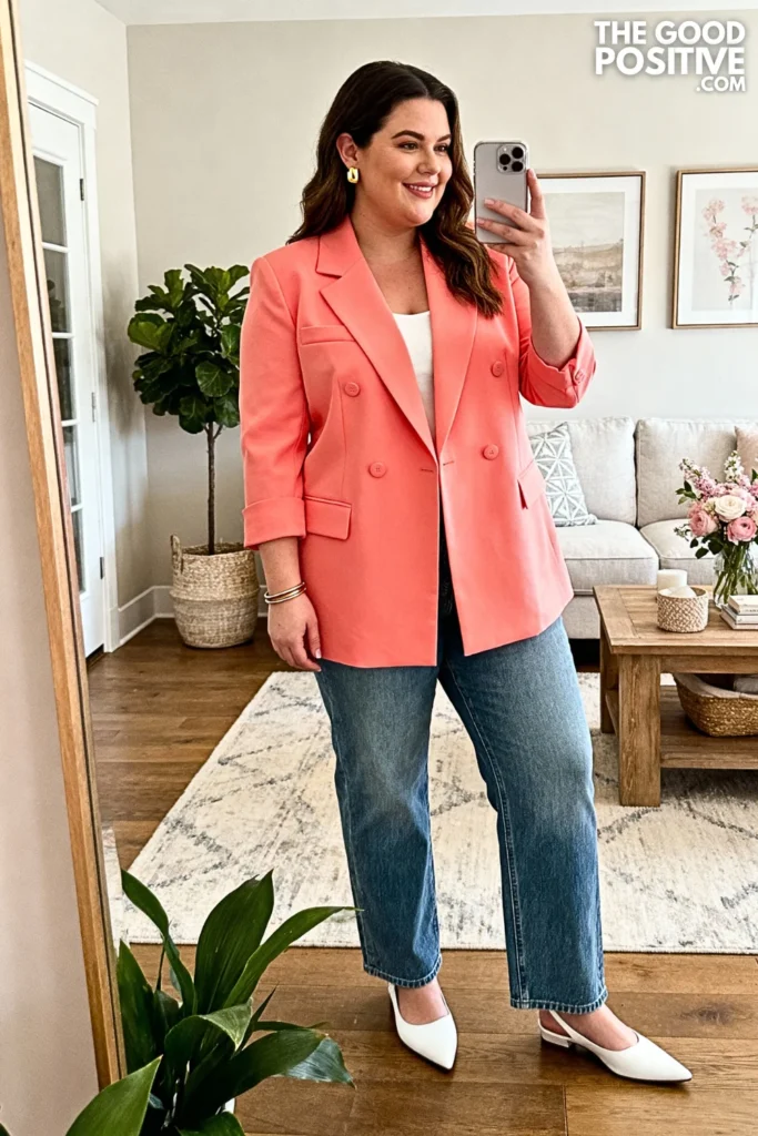 Plus Size Coral Blazer and Denim Straight Leg Jeans Outfit