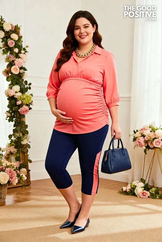 Plus Size Coral Maternity Blouse with Cropped Maternity Pants Outfit