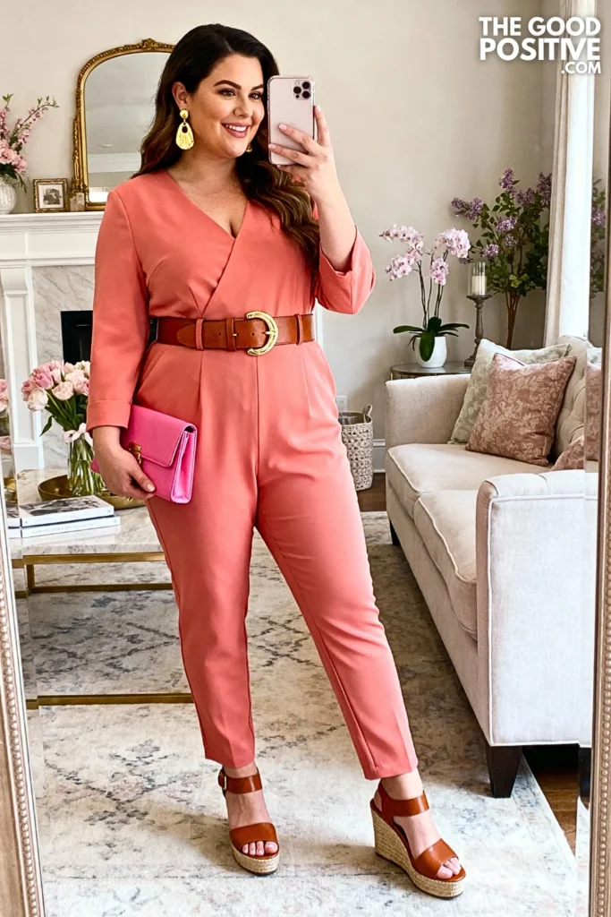Plus Size Coral Tailored Jumpsuit with Statement Belt Outfit