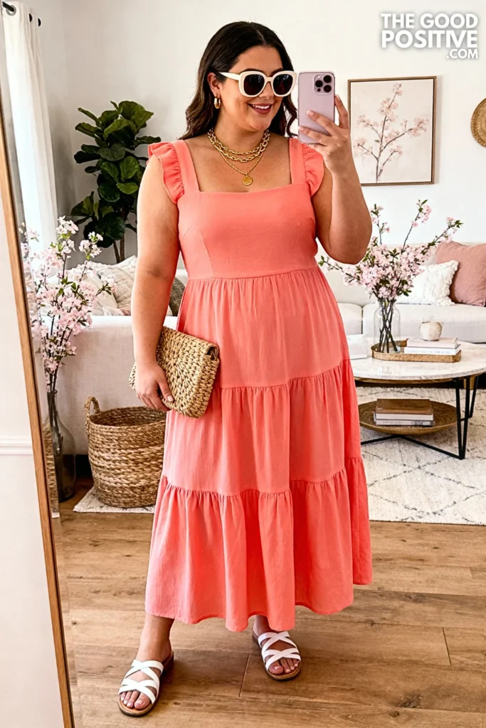 Plus Size Coral Tiered Maxi Dress Outfit