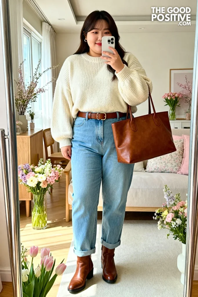 Plus Size Cream Knit Sweater With Light Blue Straight-Leg Jeans And Brown Accessories Outfit