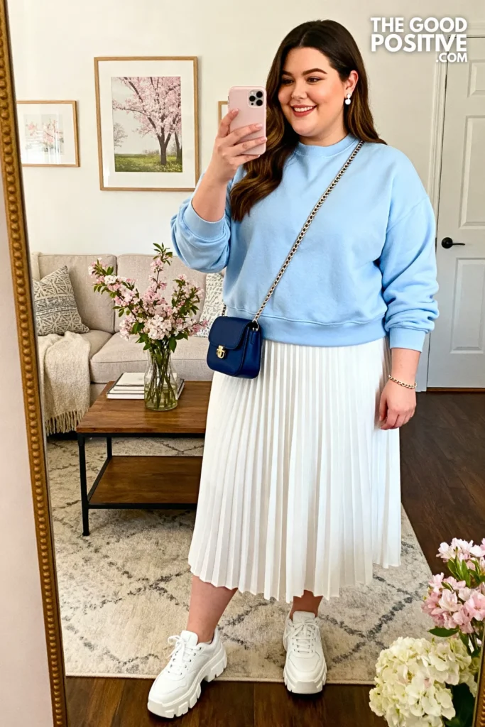 Plus Size Crewneck Sweatshirt With Pleated Midi Skirt Outfit