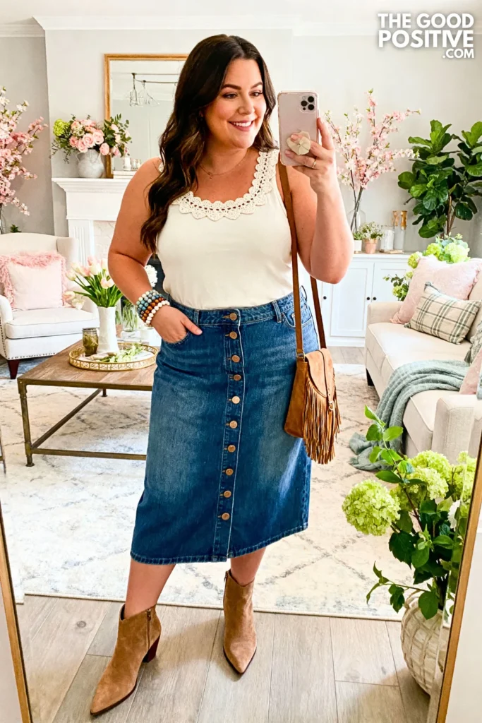 Plus Size Crochet Trim Tank With Denim Midi Skirt Outfit
