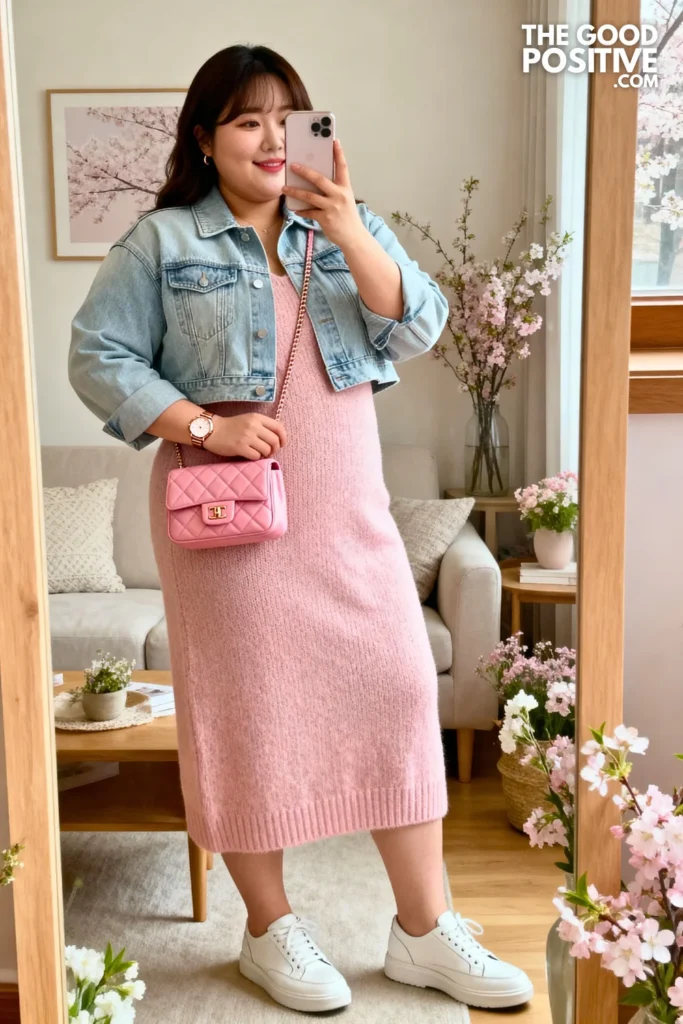 Plus Size Cropped Light Denim Jacket Over Soft Pink Knit Dress Outfit