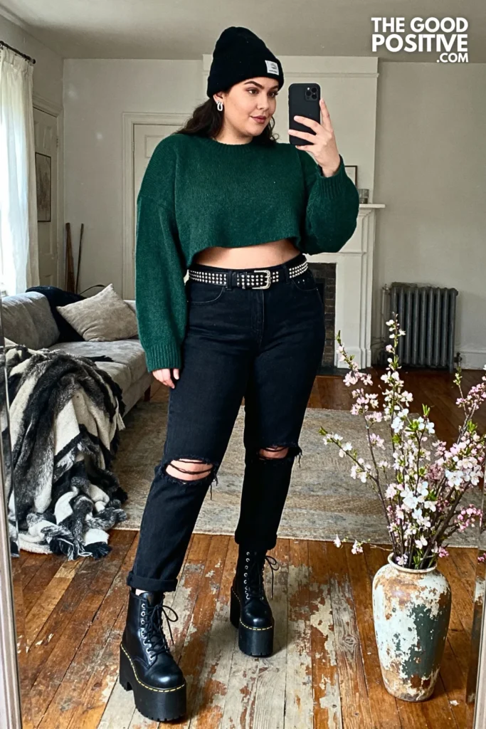 Plus Size Cropped Sweater and High-Waist Jeans Outfit