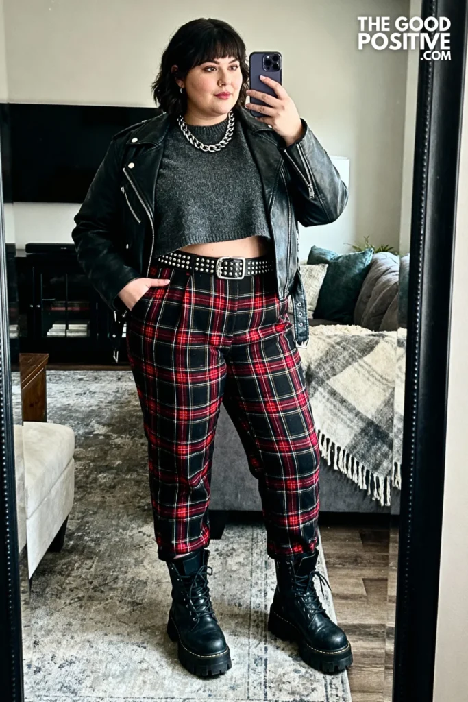 Plus Size Cropped Sweater and Plaid Trousers Outfit
