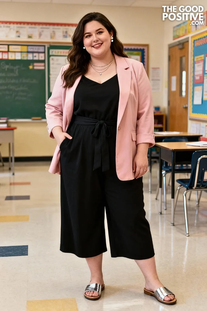 Plus Size Culotte Jumpsuit with Lightweight Jacket Outfit