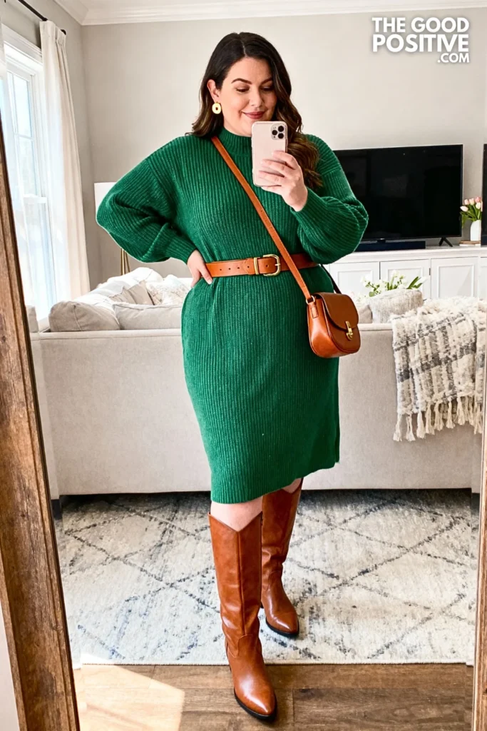 Plus Size Dark Green Sweater Dress With Cognac Boots Outfit