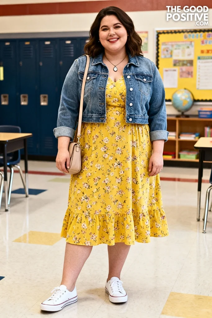 Plus Size Denim Jacket and Floral Dress Outfit