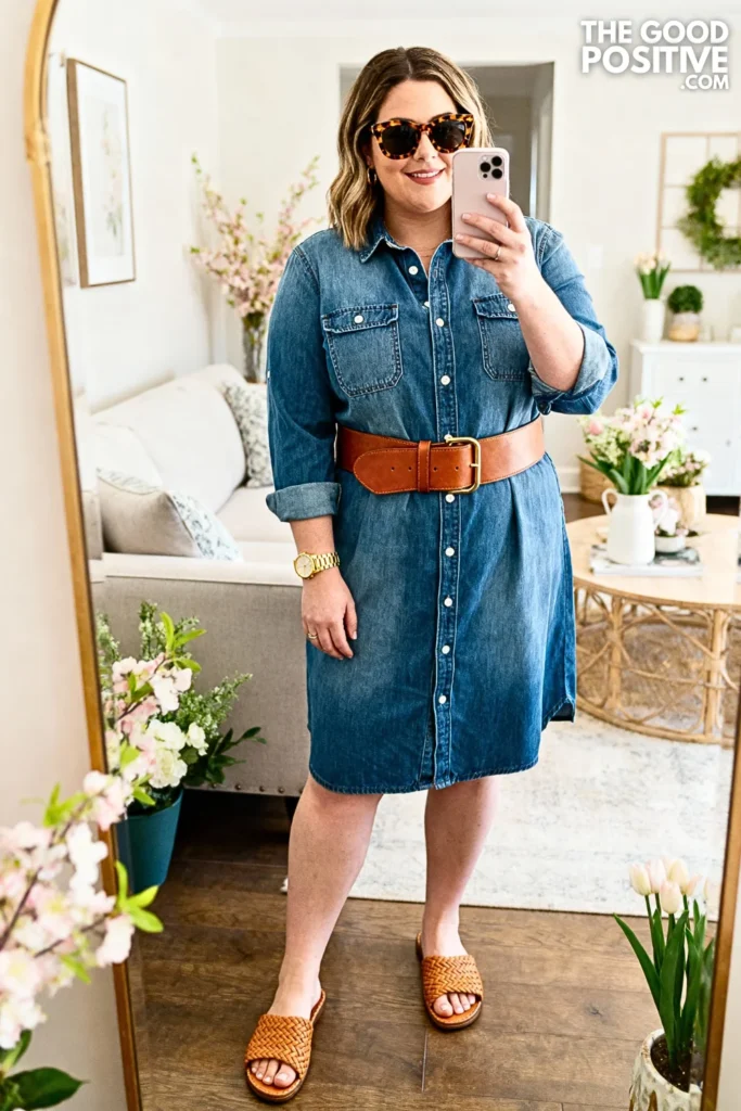 Plus Size Denim Shirtdress with Statement Belt Outfit