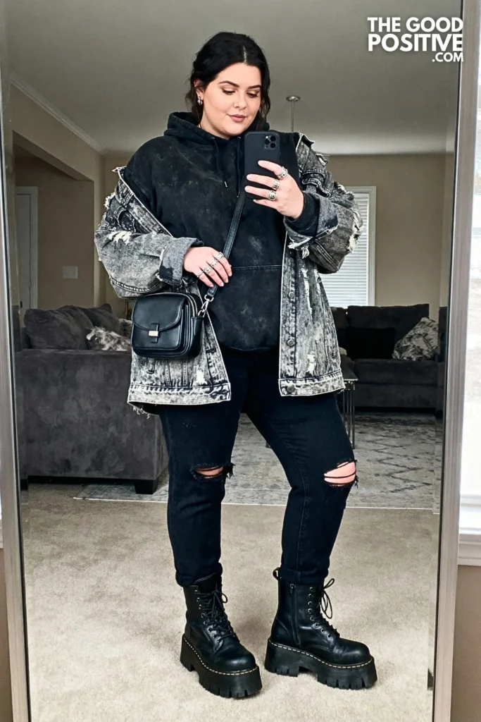 Plus Size Distressed Denim and Hoodie Outfit