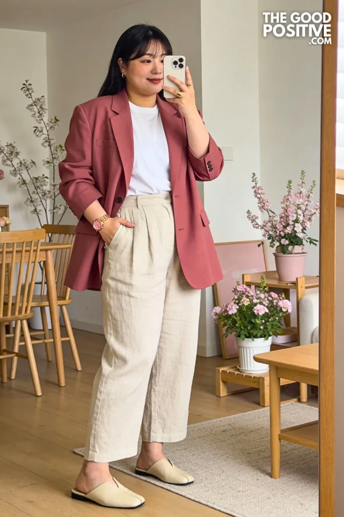 Plus Size Dusty Rose Blazer With White Tee And Beige Linen Pants Outfit