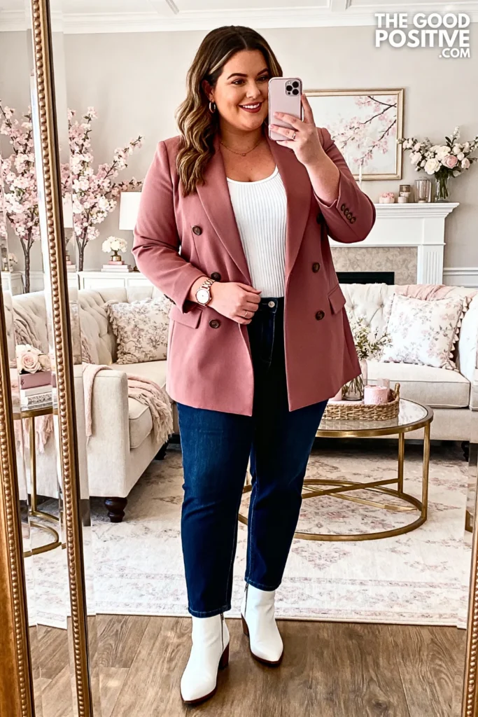 Plus Size Dusty Rose Blazer and Denim Trouser Outfit