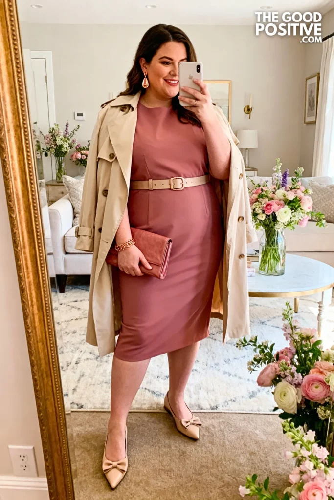 Plus Size Dusty Rose Sheath Dress With Lightweight Trench Coat Outfit