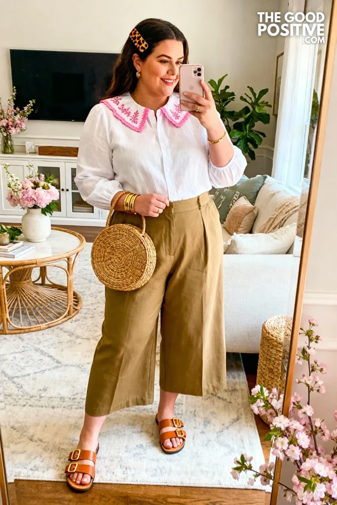 Plus Size Embroidered Collar Blouse With Culottes Outfit