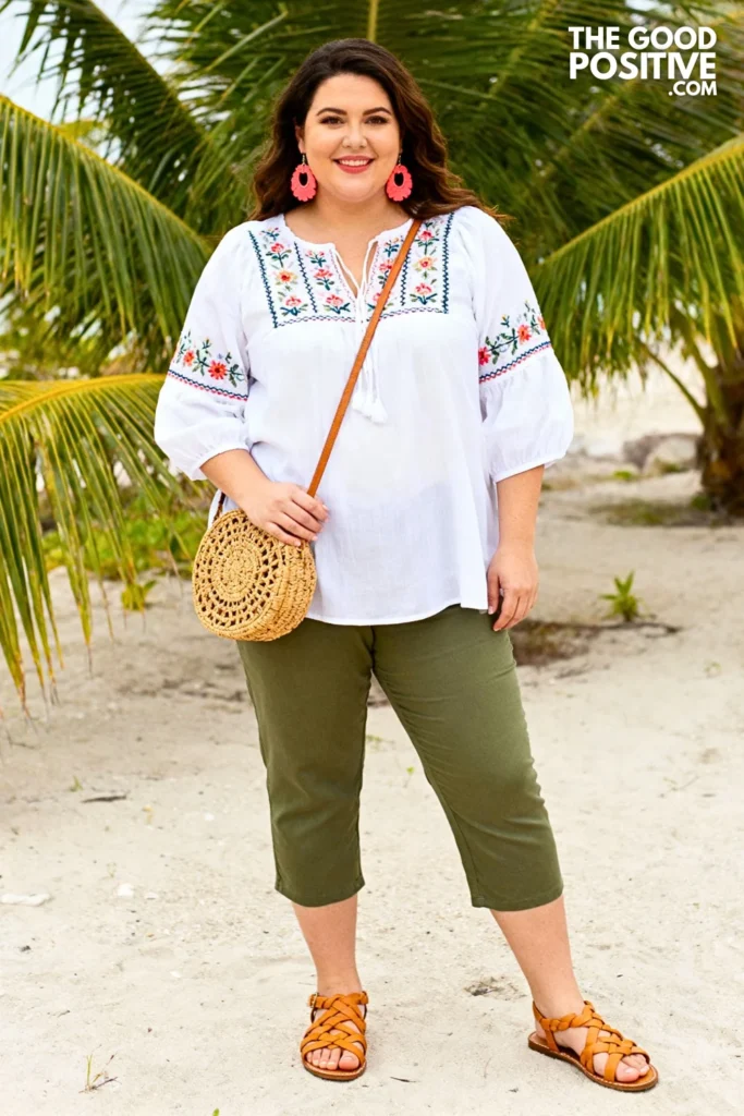 Plus Size Embroidered Peasant Top and Capri Pants Outfit