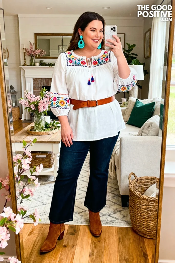 Plus Size Embroidered White Peasant Blouse With Bootcut Jeans Outfit