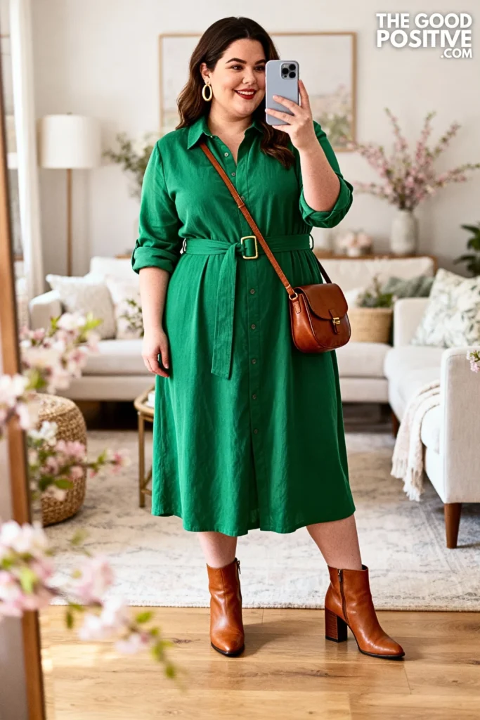 Plus Size Emerald Green Midi Shirt Dress Outfit