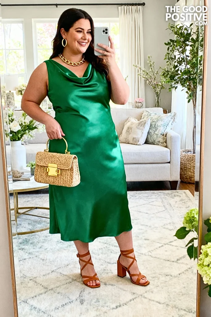 Plus Size Emerald Green Satin Midi Dress Outfit