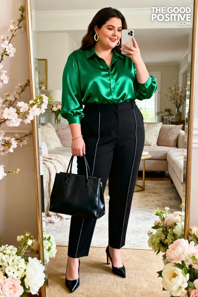 Plus Size Emerald Green Silk Blouse With High-Waisted Tailored Trousers Outfit