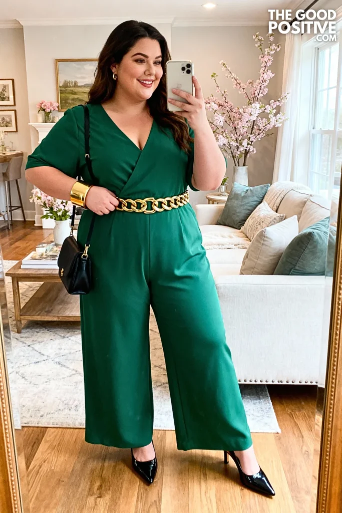 Plus Size Emerald Green Wide Leg Jumpsuit With Statement Belt Outfit