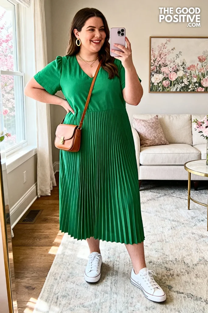 Plus Size Emerald Pleated Midi Dress With White Sneakers Outfit