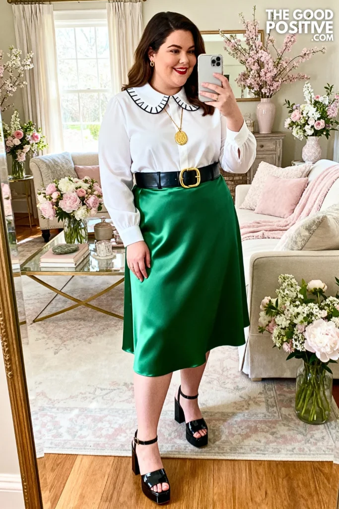 Plus Size Emerald Silk Midi Skirt and Tucked Blouse Outfit