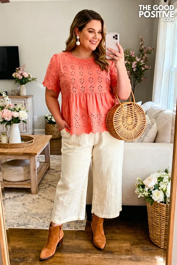 Plus Size Eyelet Cotton Top With Linen Blend Pants Outfit
