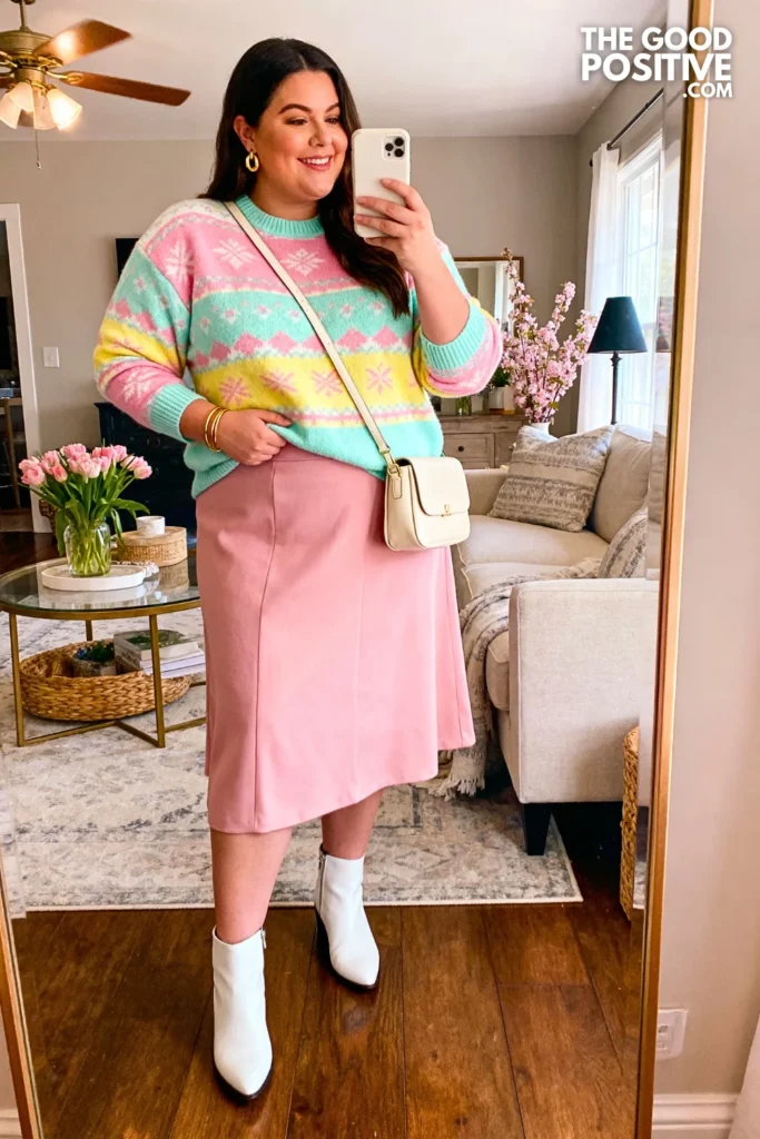 Plus Size Fair Isle Sweater With Midi Skirt Outfit