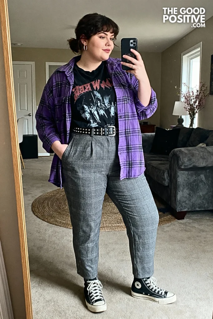 Plus Size Flannel Tied Around Waist Outfit