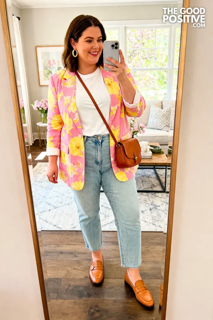 Plus Size Floral Blazer With Straight Leg Jeans Outfit